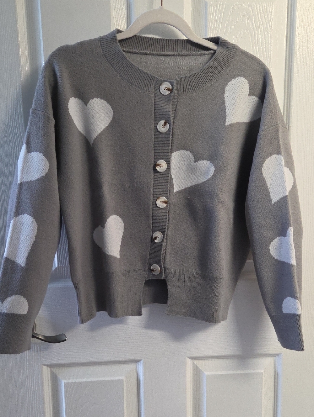 Gray Heart-Print Button Front Cardigan Sweater